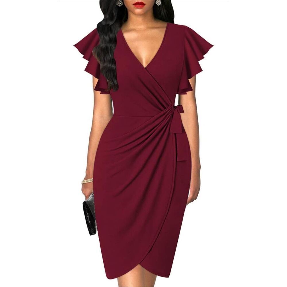NEW Deep V Neck Ruffle Sleeve Sheath Formal Slit Pencil Dress S